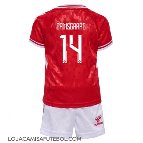 Camisa de Futebol Dinamarca Mikkel Damsgaard #14 Equipamento Principal Infantil Europeu 2024 Manga Curta (+ Calças curtas)